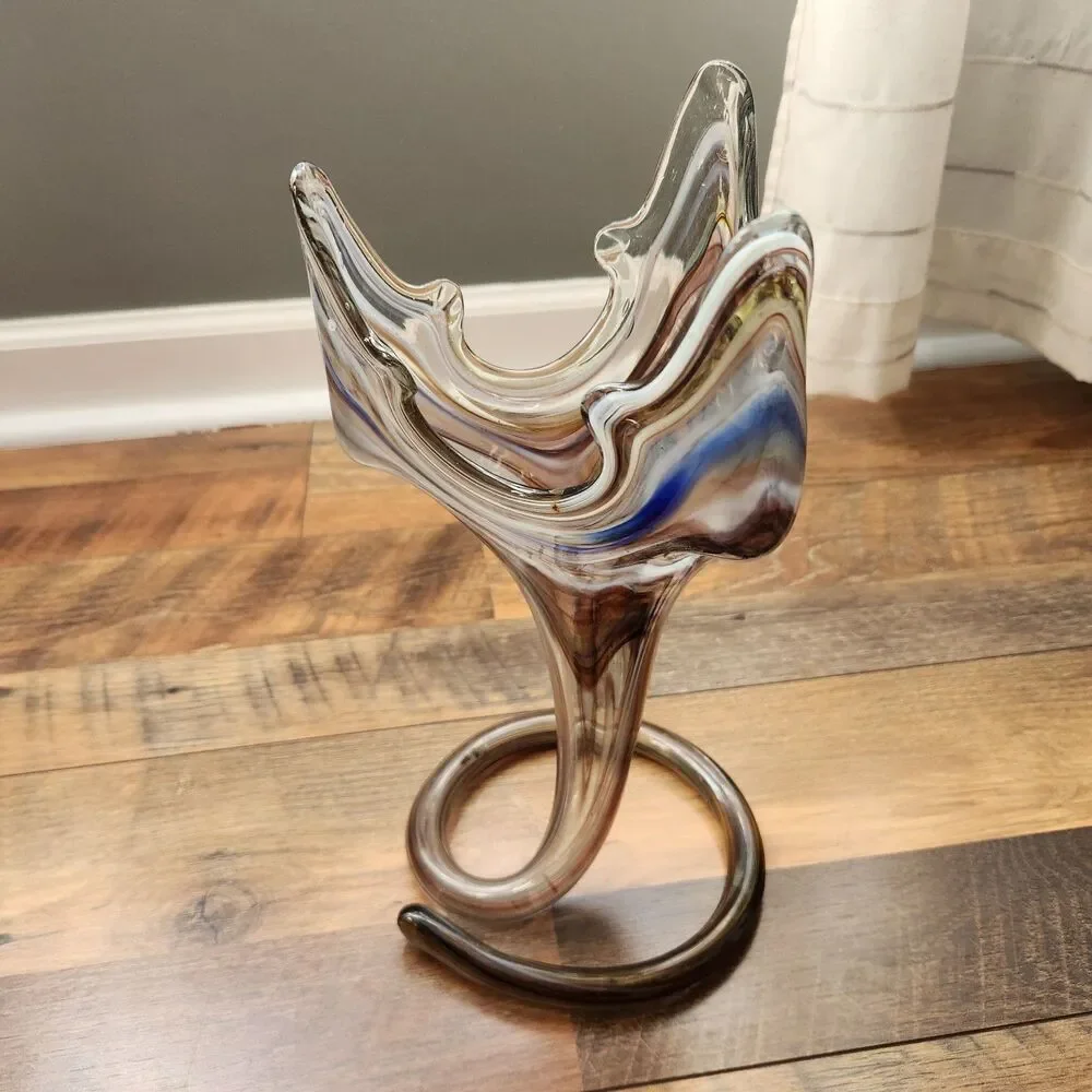 Vtg Sooner/Murano/Ozark Style Art Glass Swirl Vase Coiled Base Handcrafted MCM
